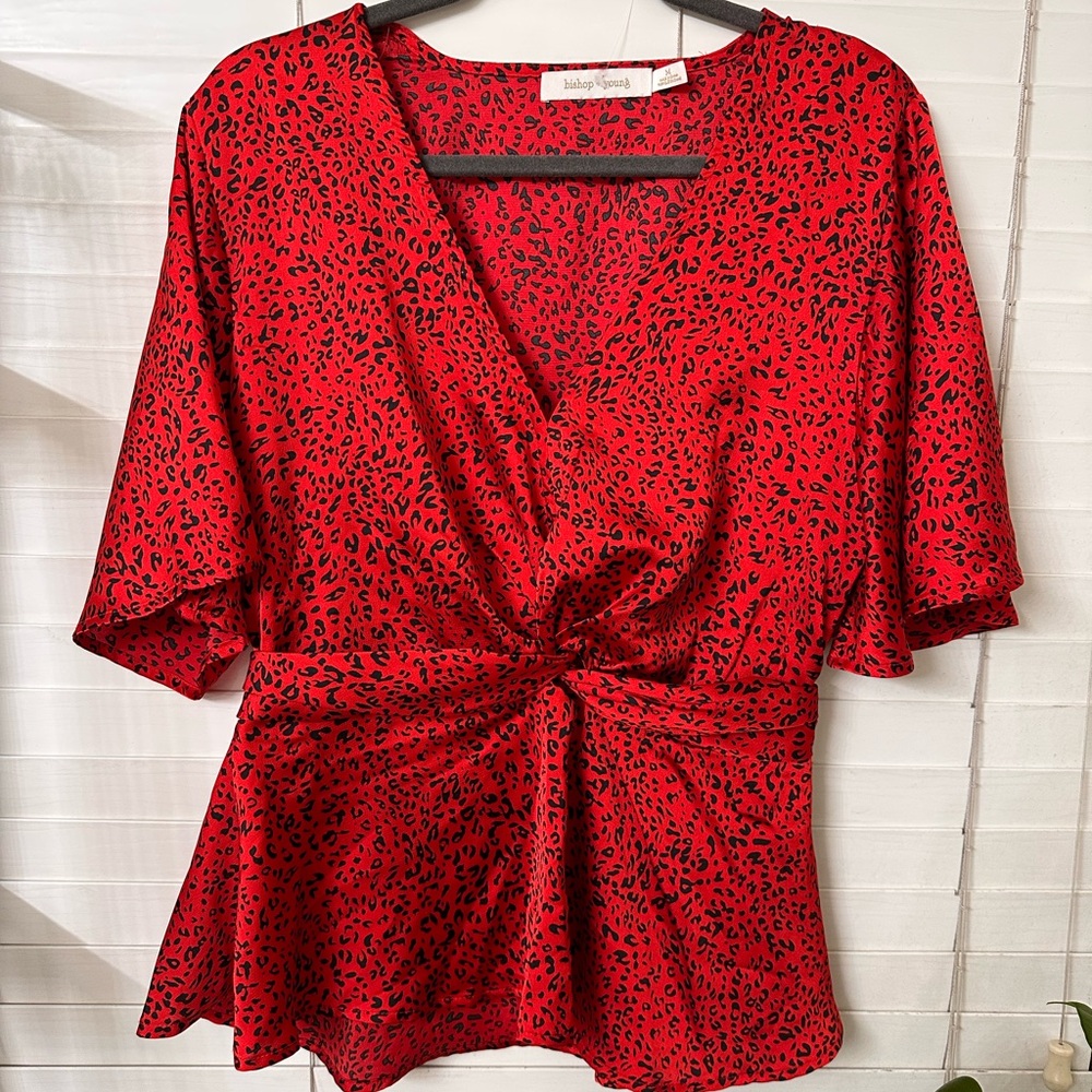Bishop + Young Red Wrap Blouse with V-Neck and Kimono Sleeves